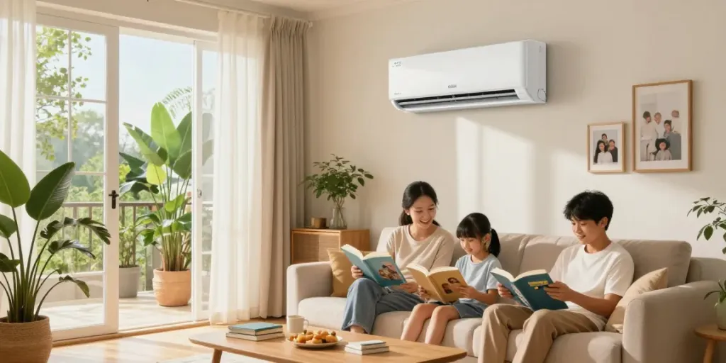 Interior of a cozy living room with an 18k mini split air conditioner and a family enjoying their time together.