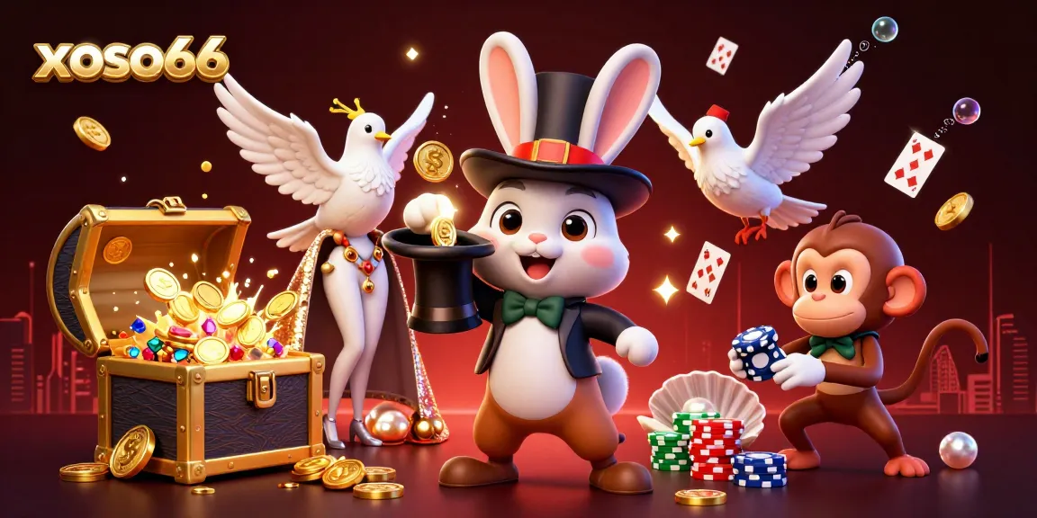 Xoso66 features a magician rabbit conjuring golden coins amidst a vibrant casino scene filled with playful elements.