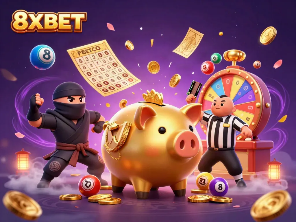 Engage with 8XBET's vibrant casino experience featuring lively characters and a dynamic gaming atmosphere.