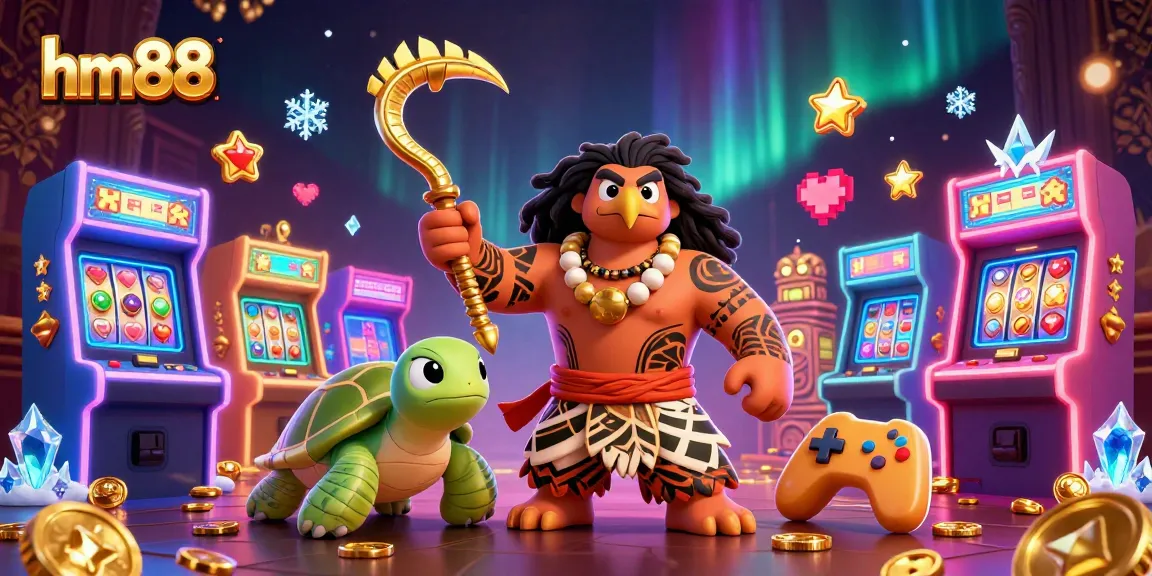Experience exciting gameplay at hm88 with a vibrant cartoon scene featuring casino elements and adventure.