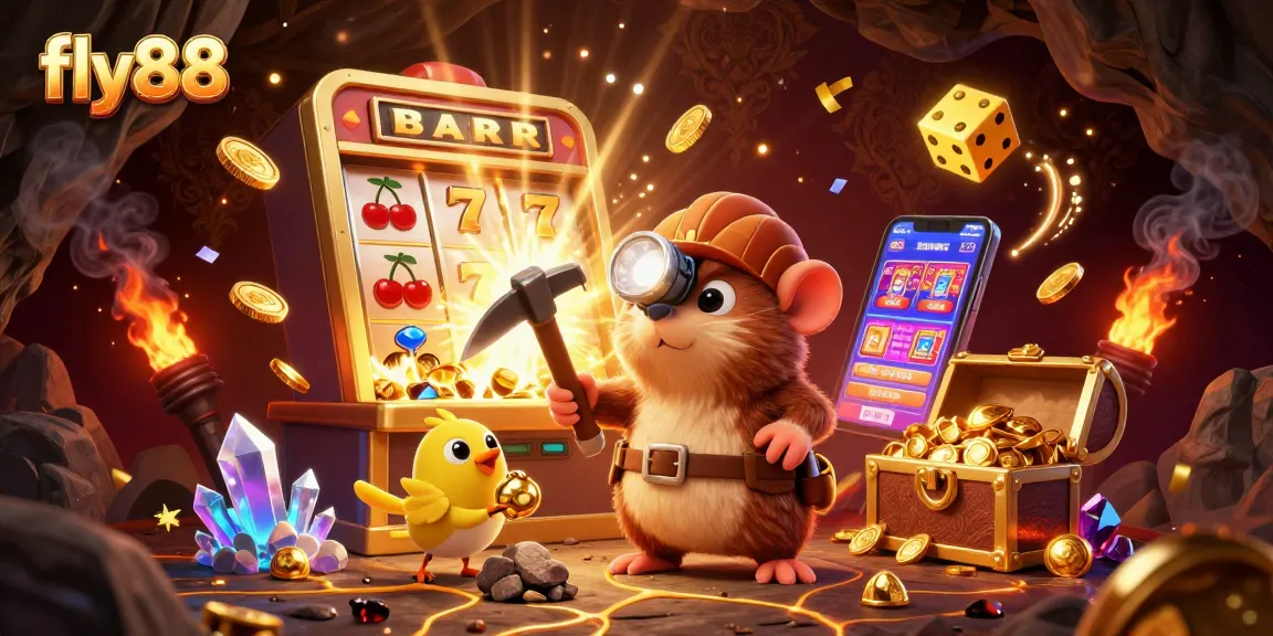Experience the excitement of fly88 with a vibrant treasure hunting scene featuring a cartoon mole and dazzling casino elements.