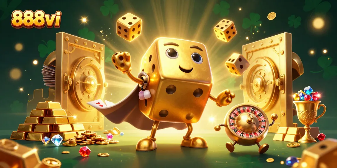 Engage in thrilling gaming with 888vi, featuring vibrant golden dice in a captivating casino scene