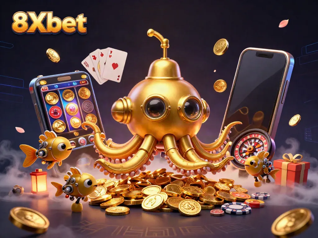 Spin the reels at 8Xbet with a golden kraken submarine amidst a shower of coins and casino elements.