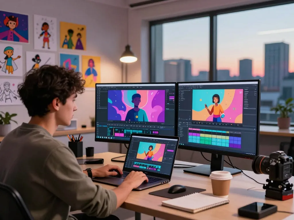 Animator using motion AI to create dynamic video animations in a creative studio setting.