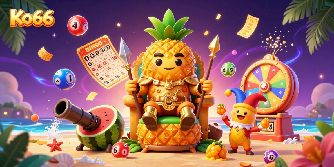 Engage in thrilling casino action with Ko66's vibrant 3D visual featuring a pineapple king and lively game elements.