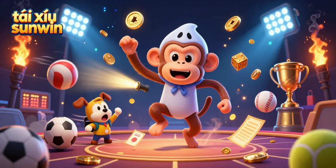 Tài xỉu sunwin gaming action unfolds as a playful monkey juggles golden items in a thrilling scene.