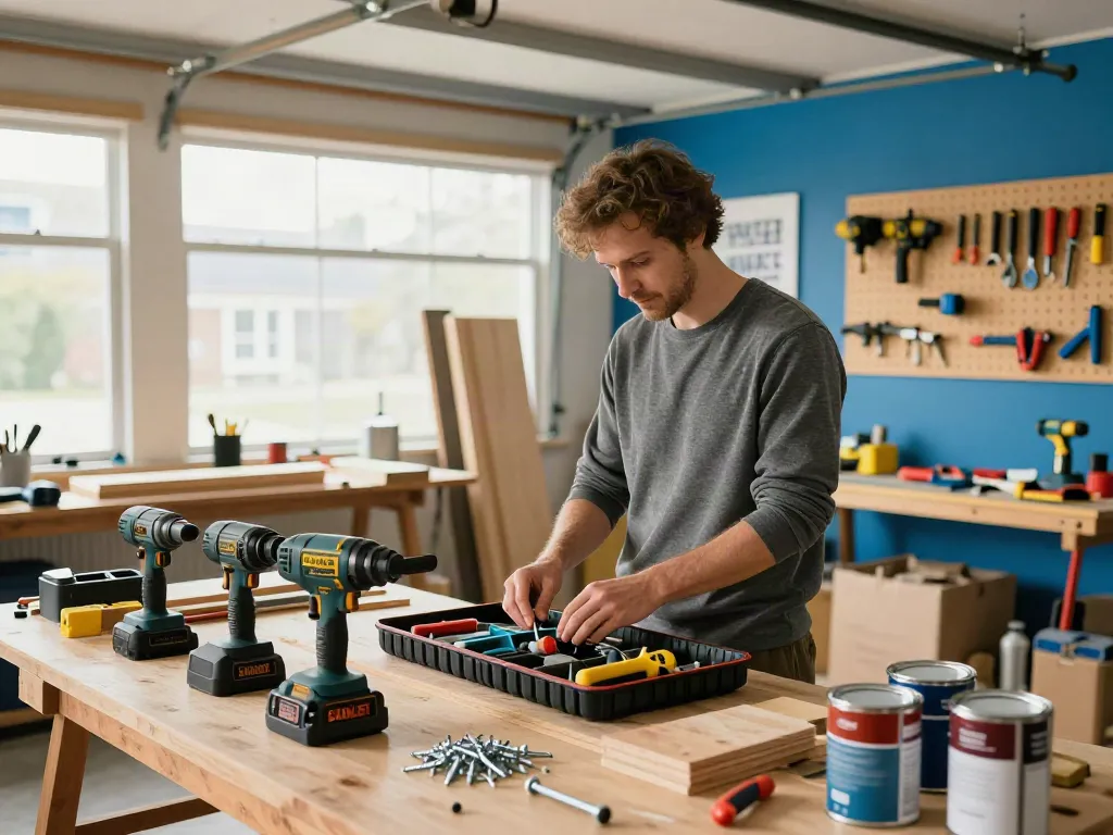 Organizing tools in the stanley essential rolling workshop in a home garage setup.