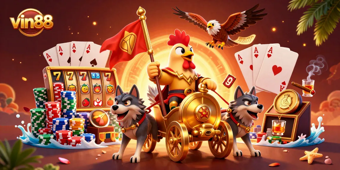 Experience thrilling gameplay at vin88 with a dynamic scene featuring slot reels, vibrant casino elements, and exciting characters.