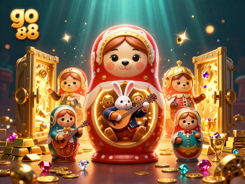 Experience excitement with go 88 in this vibrant casino-themed digital scene filled with treasures.