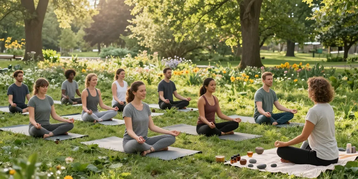 Mental health quotes meditation session in a peaceful park fostering tranquility and connection among participants.