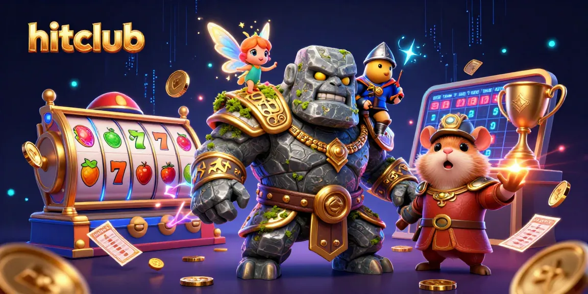hitclub strikes with an exciting slot game scene featuring characters and casino elements combined in vibrant color.