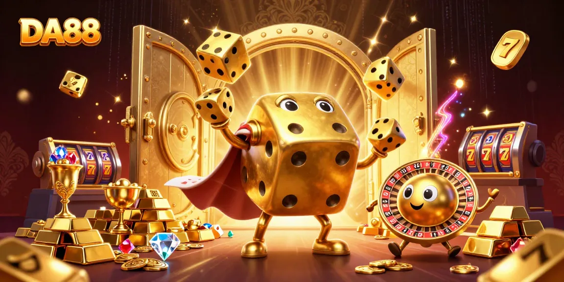 Engage in thrilling experiences at DA88 with golden dice golem juggling casino symbols amidst treasures.