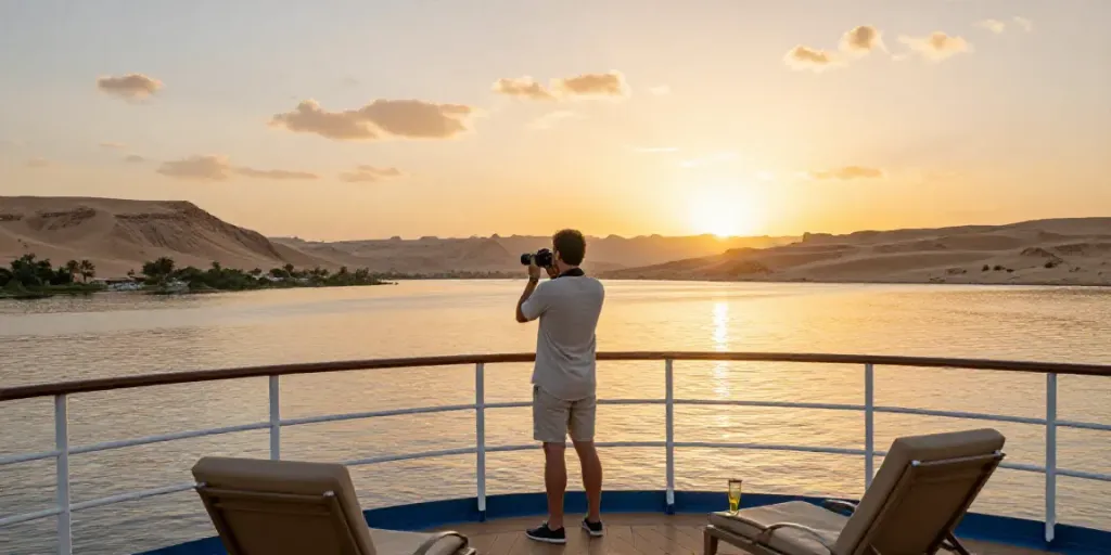 Enjoying a picturesque Lake Nasser Cruise at sunset with stunning desert views.