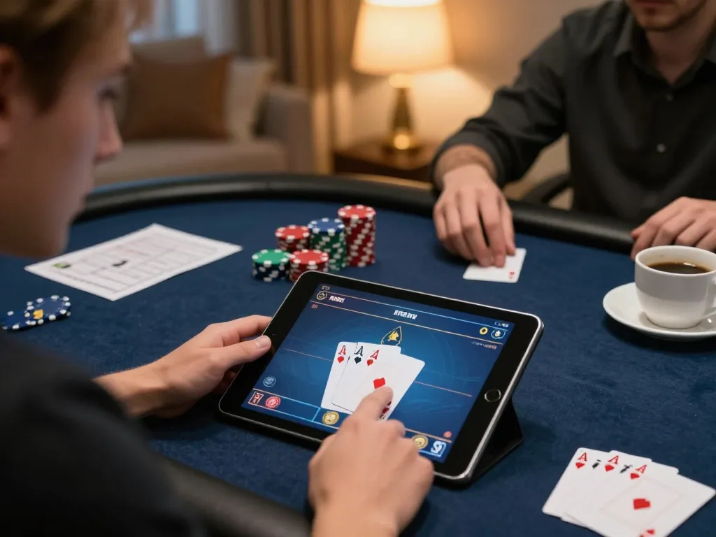 79king online poker player holding winning hand with stacked chips in cozy home setting