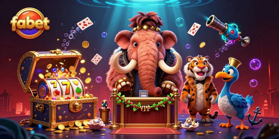 Experience thrilling action at fabet with a cartoon mammoth bouncer, vibrant slots, and rich colors in this dynamic casino illustration.