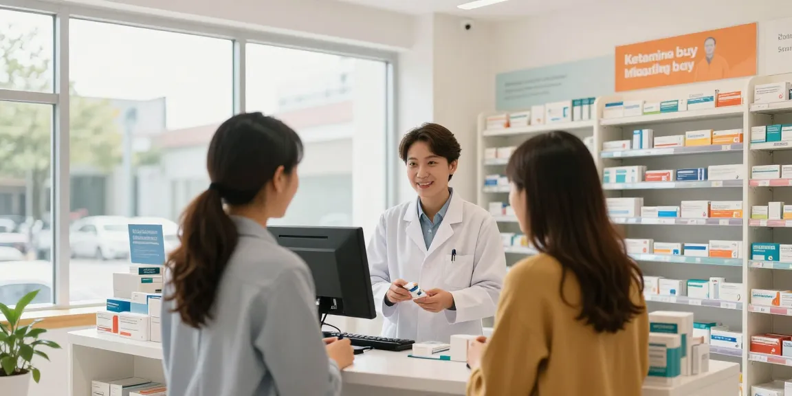 Pharmacy staff assisting a customer in a bright store, featuring ketamine buy offerings among quality health products.