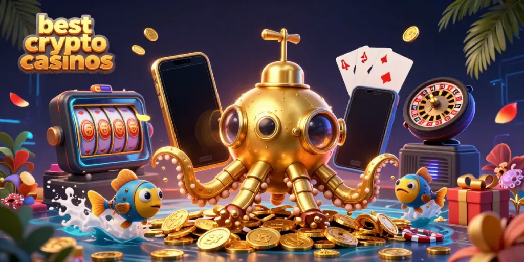 Bet crypto casinos while enjoying a rich underwater scene with a golden kraken and shimmering coins.