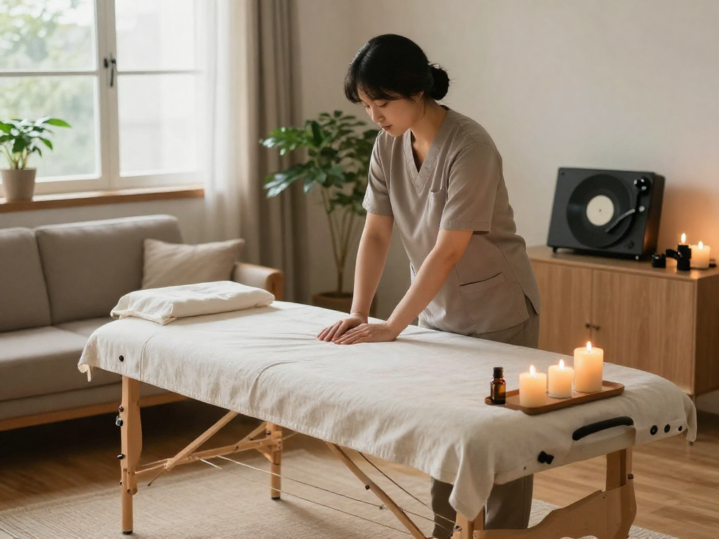 용인출장마사지 service setup with a professional therapist, portable massage table, and calming atmosphere.
