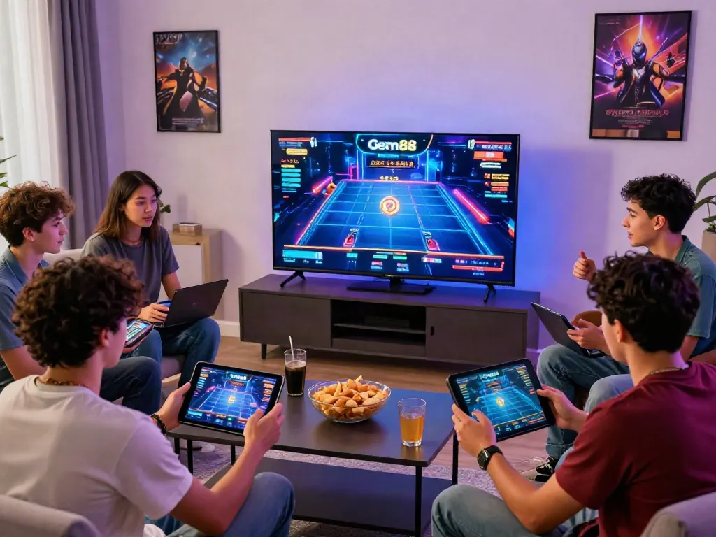 Friends enjoying Gem88 online gaming in a lively living room.