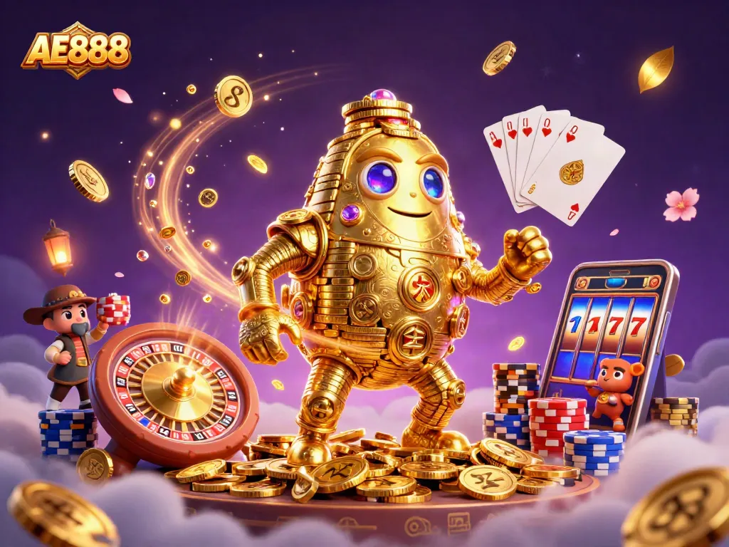 Engage with AE888's thrilling 3D casino scene featuring a golden golem, jackpots, and poker elements.