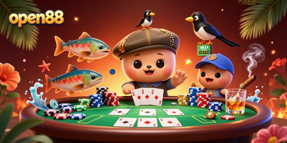 open88 immerses players in a vibrant poker scene with adorable characters and colorful game elements