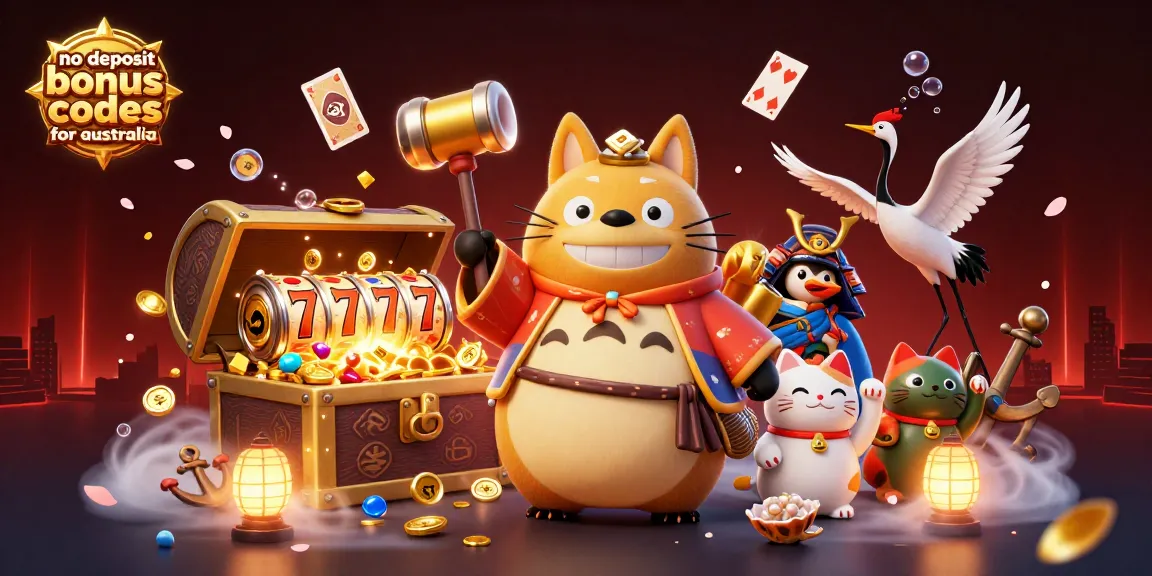 No deposit bonus codes for australia featured in a vibrant 3D scene with joyful tanuki, lucky symbols, and casino elements.