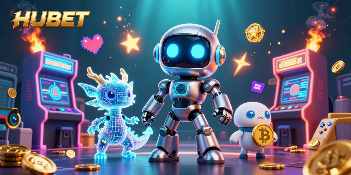 Experience HUBET's vibrant gaming scene with a stylish cyberpunk robot, dragon, and gaming excitement.