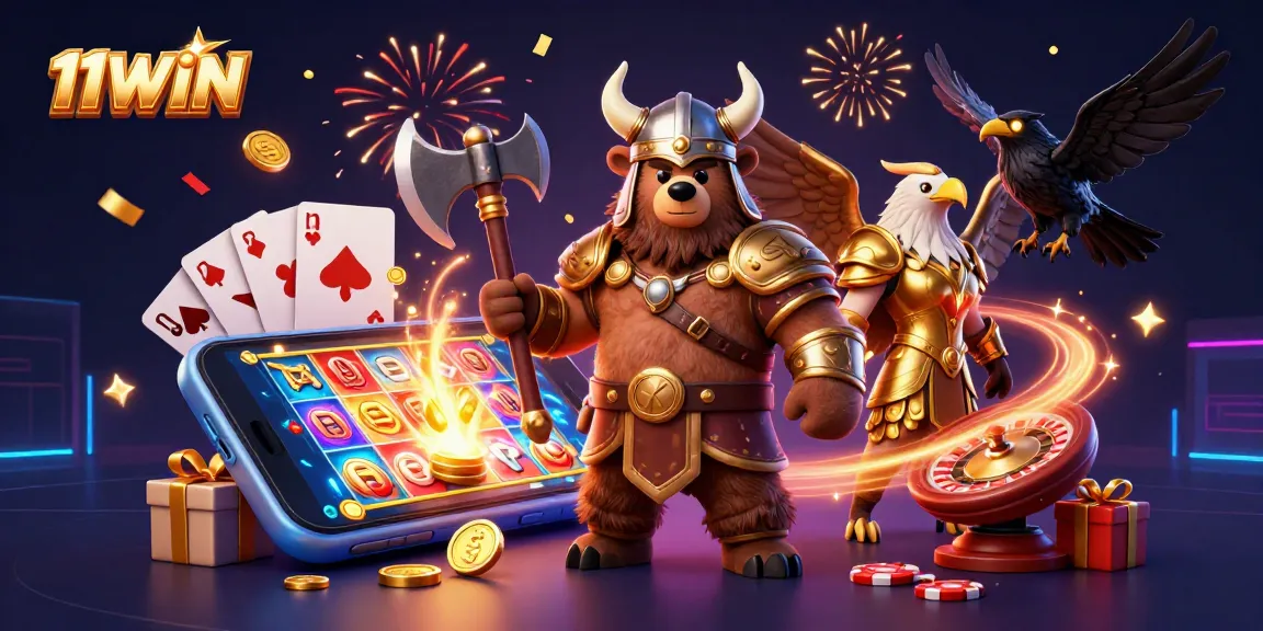 Engage with vibrant 11WIN gameplay featuring Viking bear and Valkyrie eagle amidst slot game excitement.