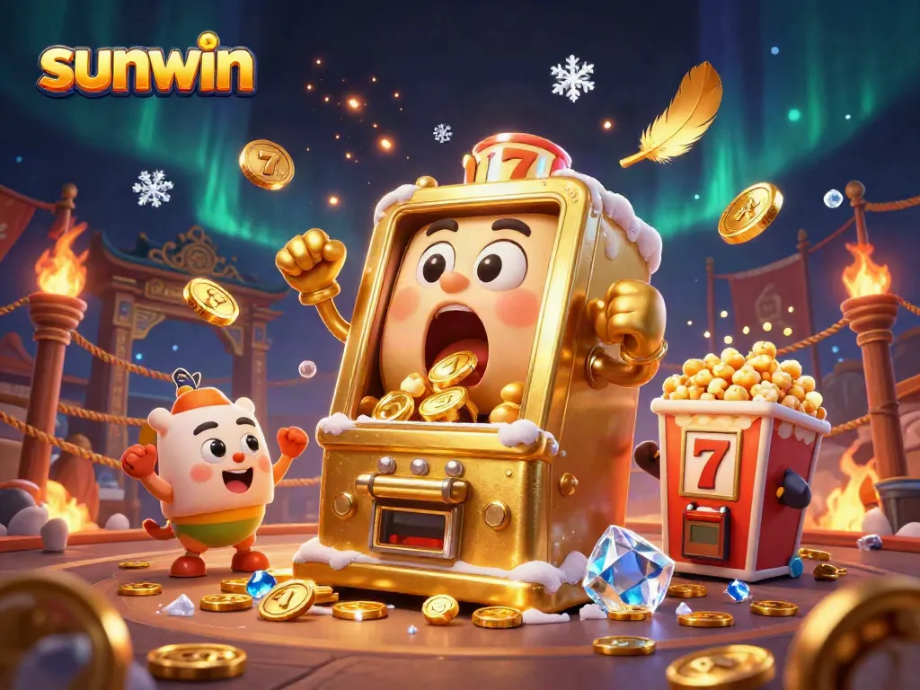 Experience light and excitement with sunwin as a golden slot machine hits the jackpot amidst vibrant gaming elements.
