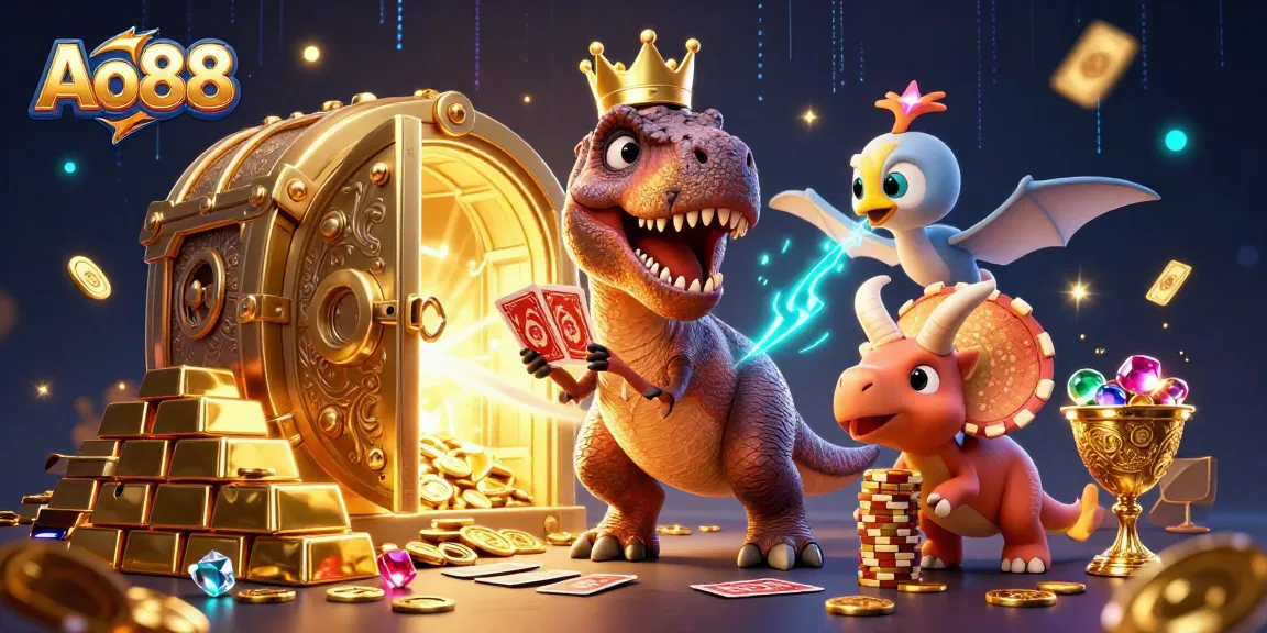Join the excitement of Ao88 with a playful T-Rex and friends in a dynamic casino scene!