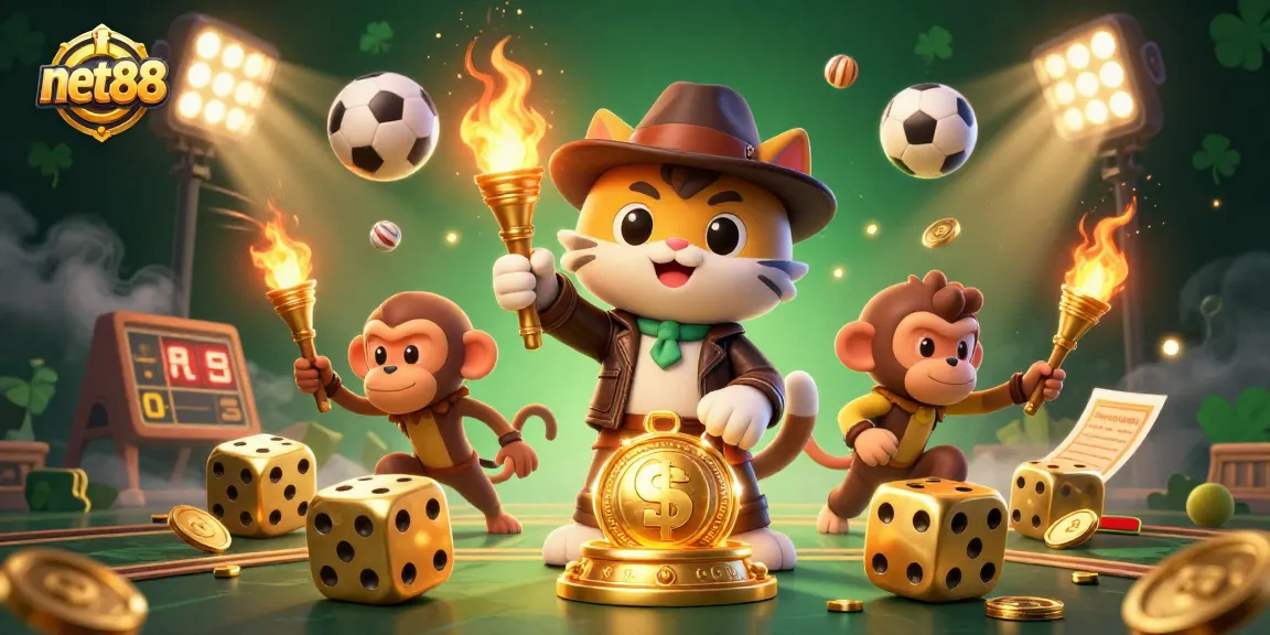 Engage with net88's gaming adventure as a cat archaeologist finds a golden artifact amidst thrilling sports action.