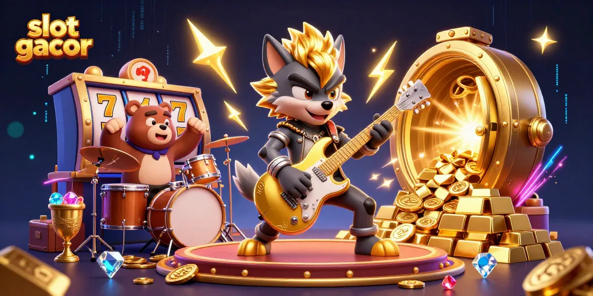 Experience the thrill of winning at slot gacor with a vibrant casino stage featuring animated characters and rich game symbols.