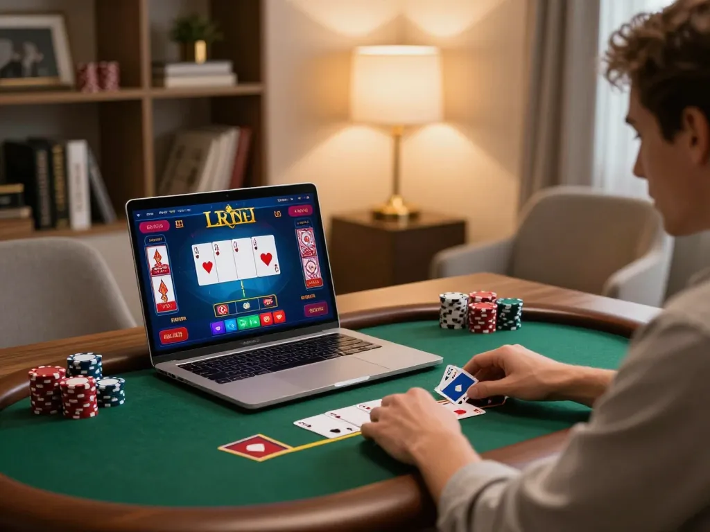 Engaging in an online poker game on a laptop at home, showcasing nhà cái SC88 gaming strategy in a cozy modern setting.