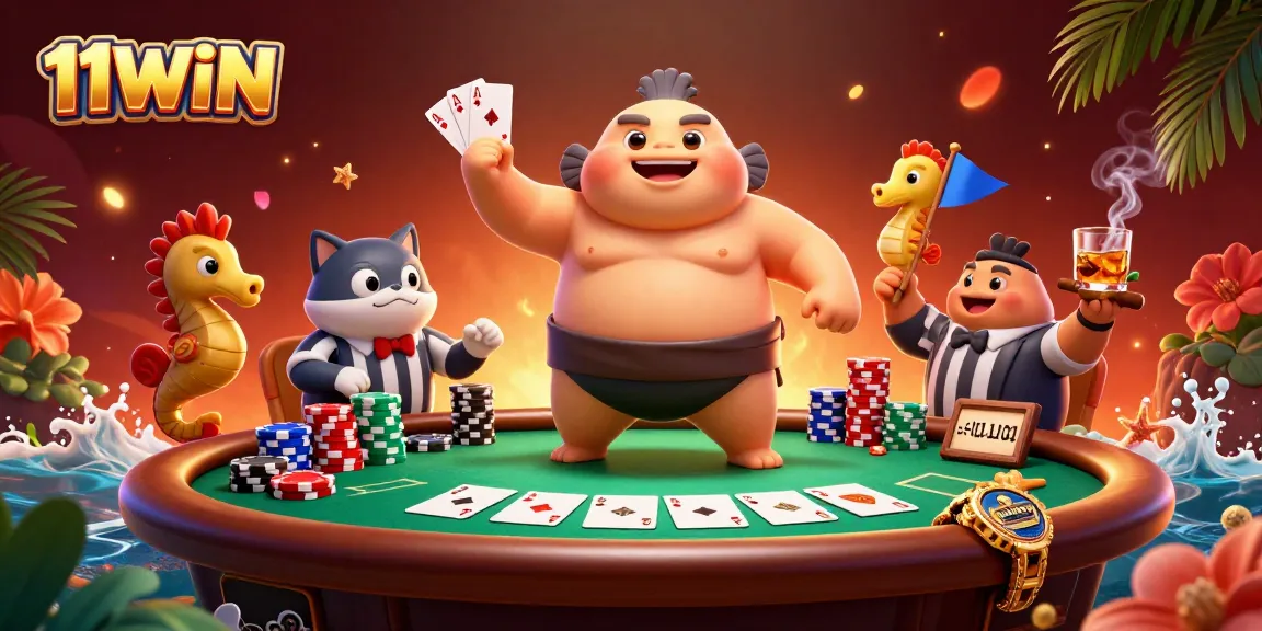 Experience the excitement of poker at 11WIN with a vibrant underwater scene featuring a whimsical blowfish.