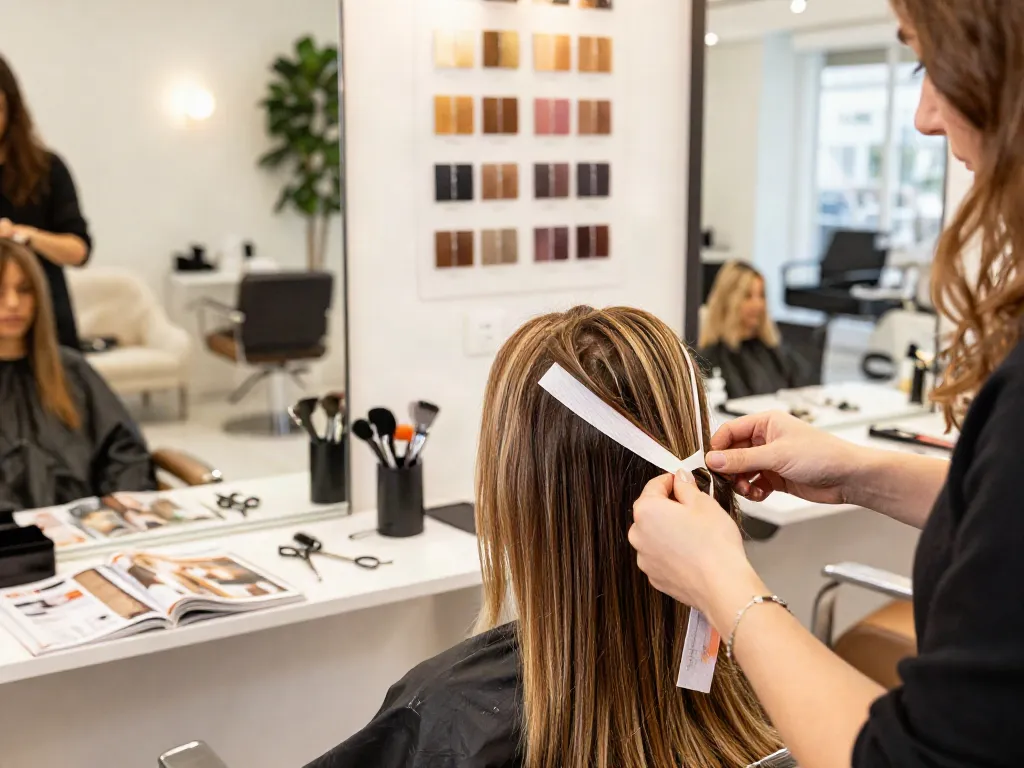 Stylist applying thin tape in extensions to client in modern salon, highlighting hair transformation.