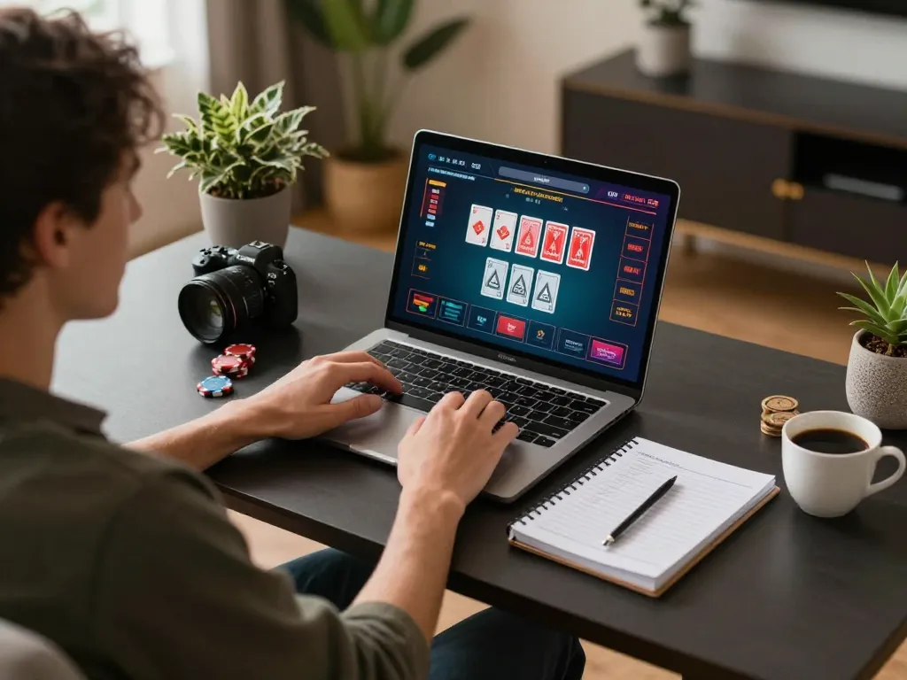 Engaging in online blackjack at home with cm88seo on screen, showcasing strategy notes and a comfortable atmosphere