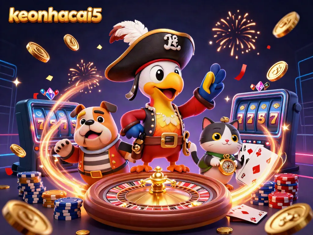 Cleverly display keonhacai5 strategy with lively pirate characters amidst casino-themed elements like coins and roulette.