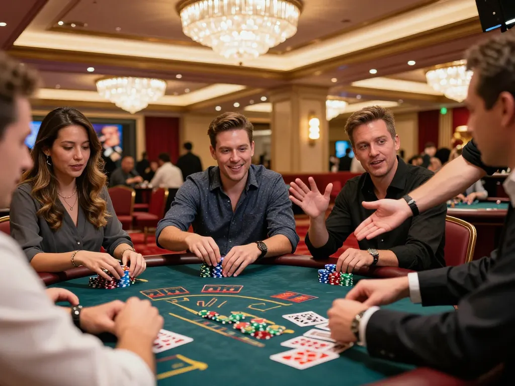 Players engaged at CM88 blackjack table, showcasing tension and excitement in a vibrant casino atmosphere.