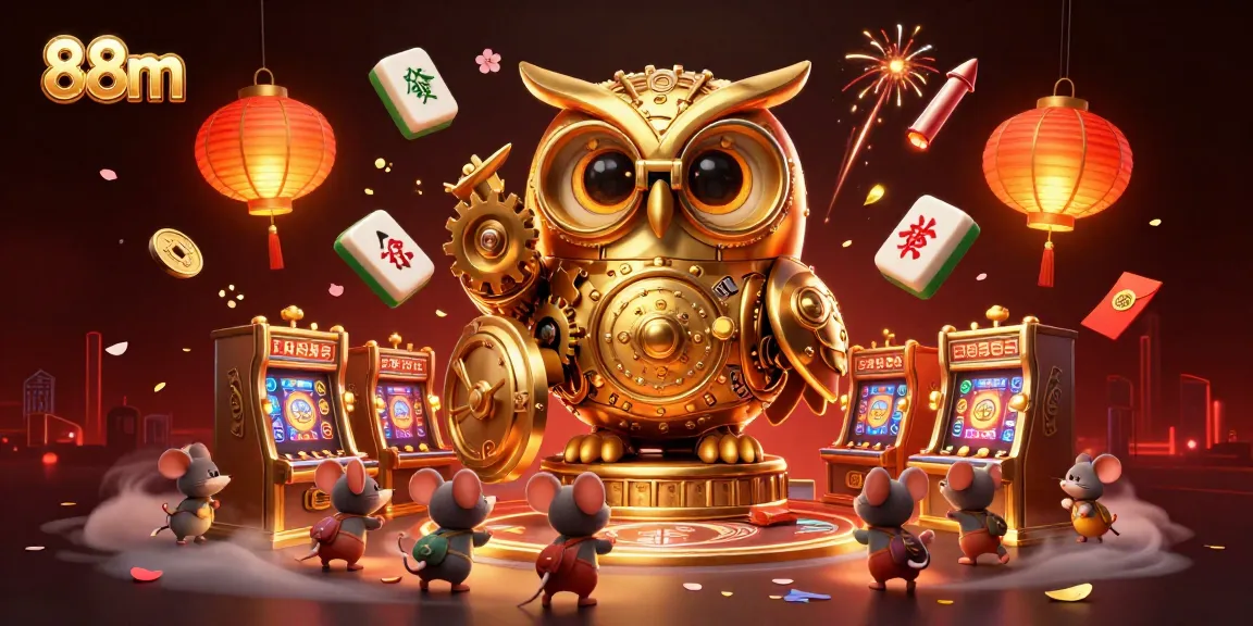 Experience the excitement of 88m casino with a golden owl and animated gaming characters.