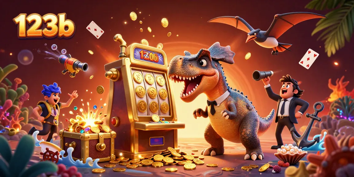 Interactive gaming scene with 123b characters, golden slot machine, and flying coins for dynamic casino action.