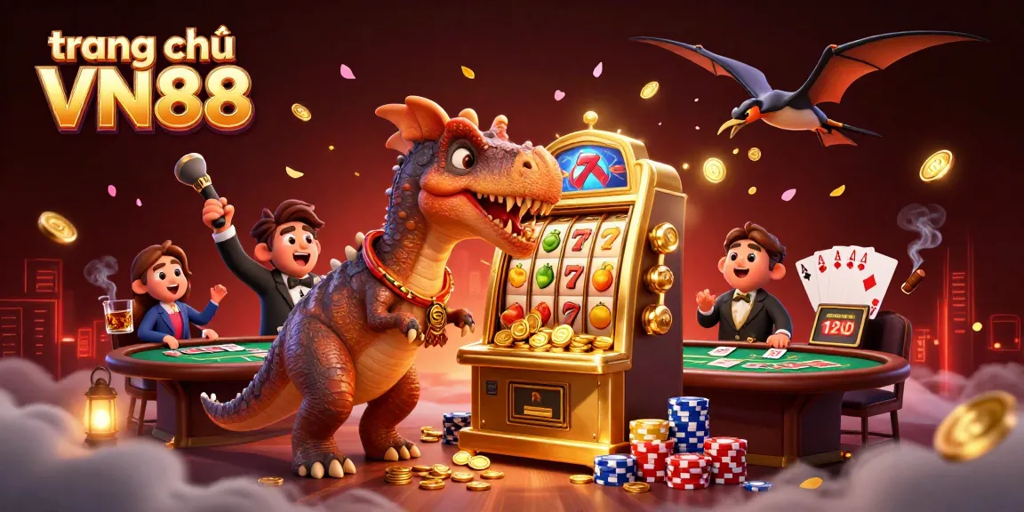 Enjoy thrilling wins at trang chủ VN88 featuring cartoon dinosaurs in a vibrant casino scene.