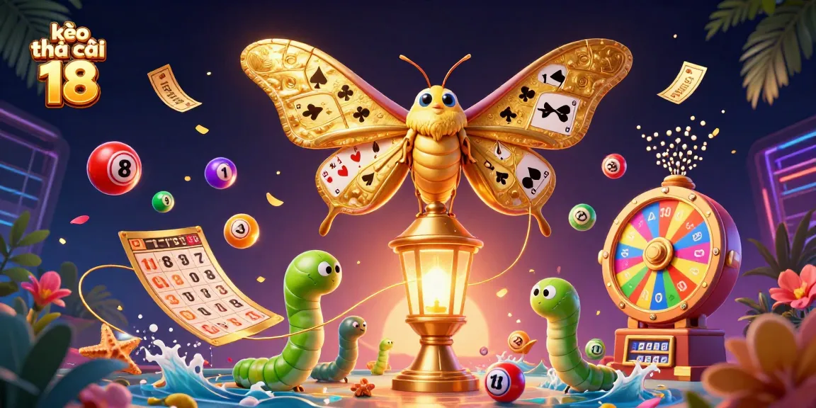 Experience the excitement of kèo nhà cái 18 with vibrant elements like lottery balls and a golden moth.