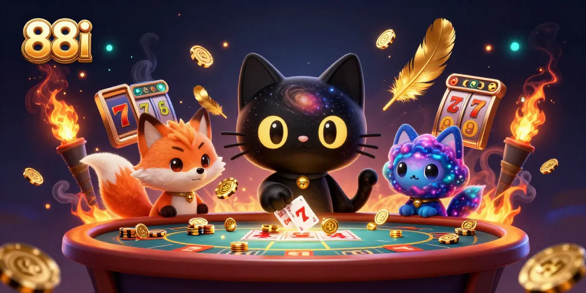 88i casino scene showcasing a black hole cat and nebula fox attracting golden chips and jackpot reels amidst vibrant gaming elements.