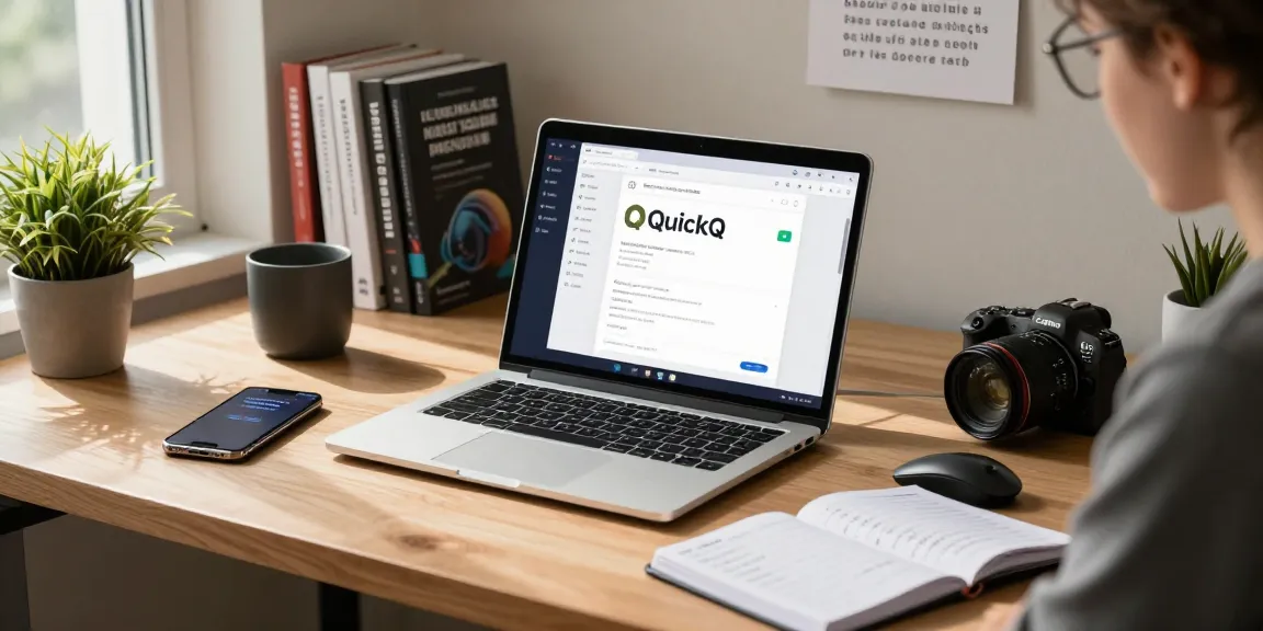 使用quickq电脑版的用户在现代办公桌前专注工作的场景，周围充满科技感。