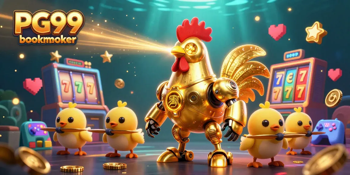 Experience thrilling gameplay with PG99 bookmaker's vibrant 3D slot machine scene featuring a golden rooster robot.