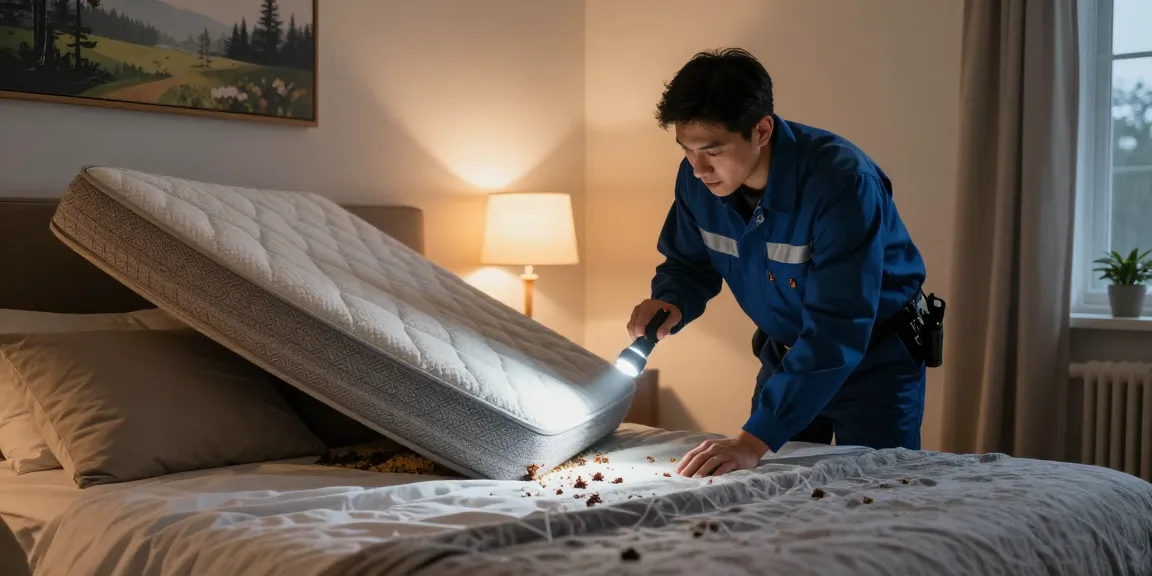 Technician inspecting a bed for bed bug pest control in a cozy bedroom setting