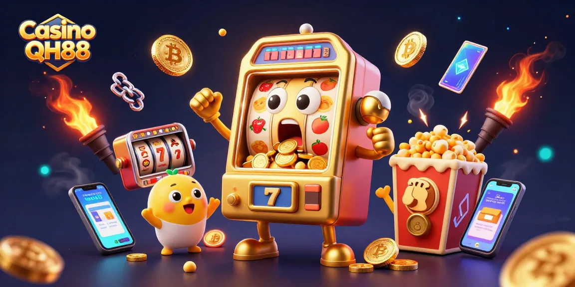 Casino QH88 jackpot celebration with golden slot machines and glowing crypto coins