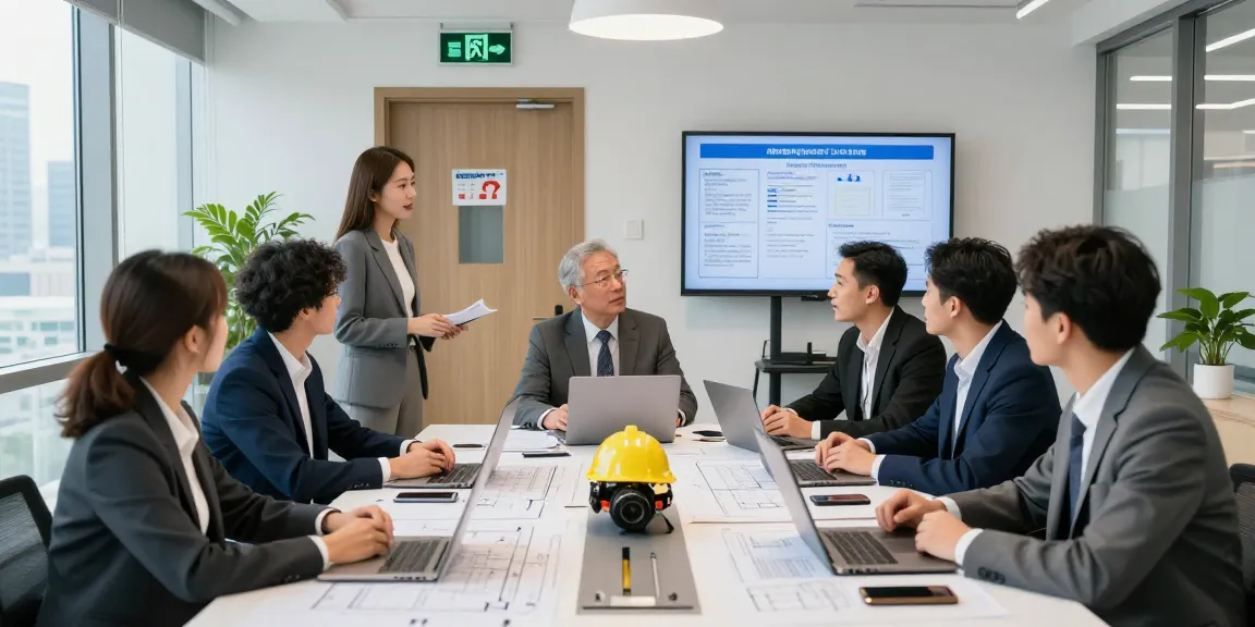 Team discussing exit door safety regulations in a modern office.
