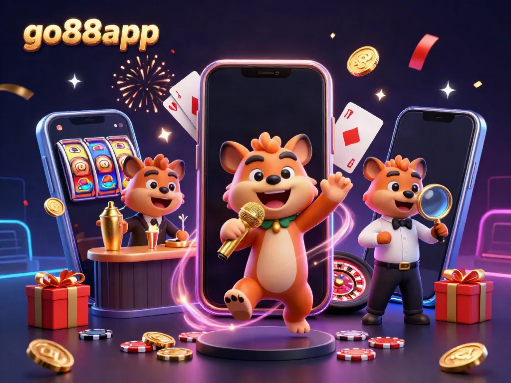 Hyena characters in a lively casino scene featuring go88app, mixing drinks, telling jokes, and checking IDs.
