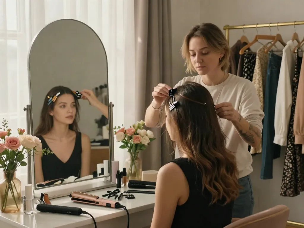 Enhancing fine hair with clip ins for thin hair in a stylish bedroom setting.